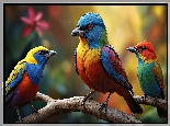 Ptaki, Kolorowe, Gałąź, Grafika